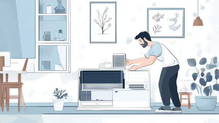 Technician checking and changing the filters of a domestic air conditioning split. AI generated.