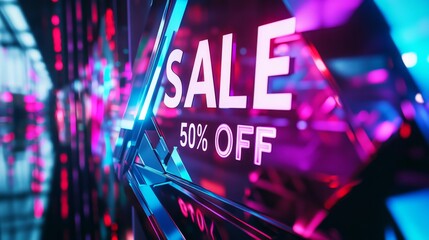 Vibrant Neon Sale Promotion Displaying 50% Off in Futuristic Style