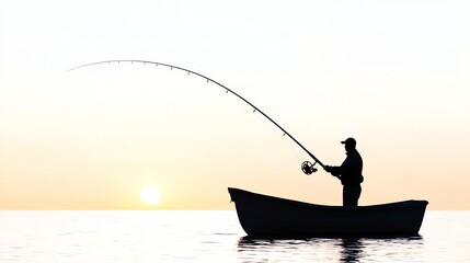 A solitary fisherman casts his line from a small boat, silhouetted against a stunning sunset over calm waters, capturing the essence of tranquility and leisure in nature.