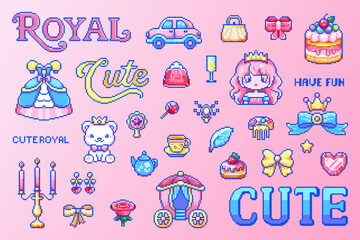 Pixel Art Cute Princess Sticker Collection. 8 bit Royal Elements Pack with Crown, Carriage, Dress, Bear, Cake, Tea Set, Rose, Bows, Retro Gaming Y2k Style