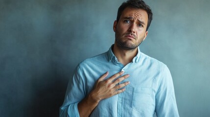 man with hand on chest wearing a light blue shirt against a neutral background serious expression studio lighting with soft shadows