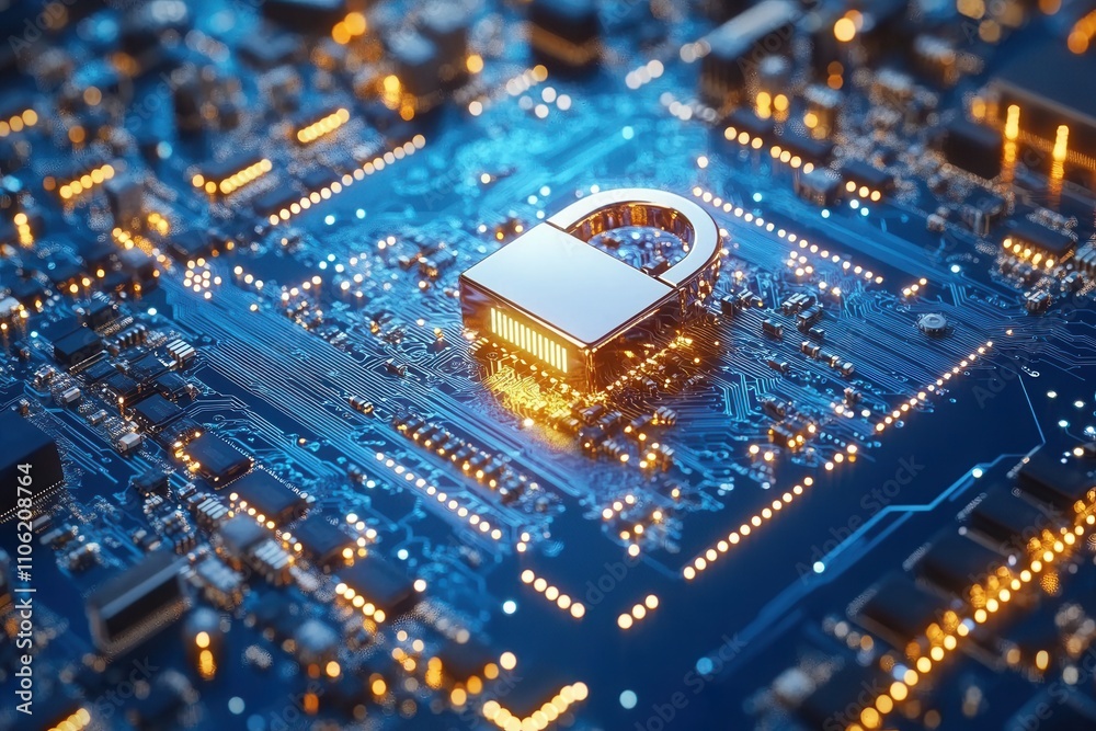 Poster concept of cyber security and data protection. blue integrated circuit with locks. firewall defendin