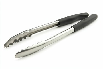 Fototapeta premium Metal tongs with black handles, isolated.