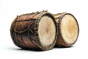 Two aged, wooden drums with leather heads.