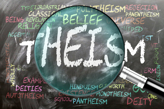Theism being studied, examined - under close inspection. Most important subjects and ideas closely related to theism written on a blackboard inspected by a magnifying glass. ,3d illustration