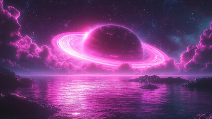 Pink planet hovering over calm water under a starry sky at night. Generative AI