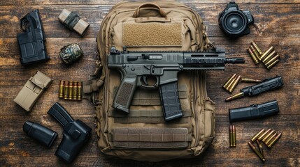 Tactical gear laid out on a wooden surface with various firearms and accessories