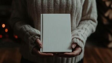 Naklejka premium Holding a blank journal in cozy indoor setting