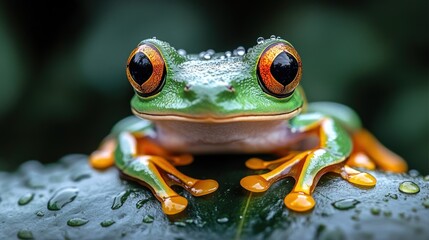 Close-up of a vibrant green tree frog with orange limbs, sitting on a dew-covered leaf.