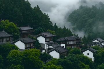 Old Chinese architecture featuring white walls and grey tiled roofs, showcasing traditional design with intricate details, curved eaves, and a serene, historic atmosphere