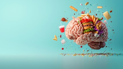 Response health warning concept. A brain surrounded by various fast food items, symbolizing cravings and indulgence.