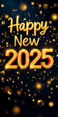 Happy New Year 2025 golden invitation card. Greeting card. Celebration. Сongratulation