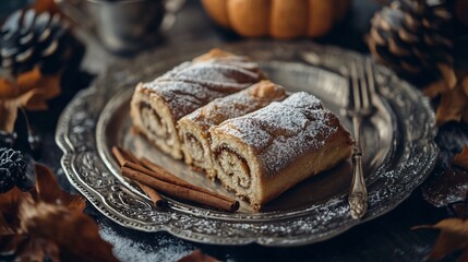 Close up of pumpkin roll slices on a vintage silver platter, with powdered sugar and cinnamon sticks for a cozy aesthetic
