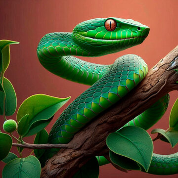 Green tree snake on a tree branch on a brown background.