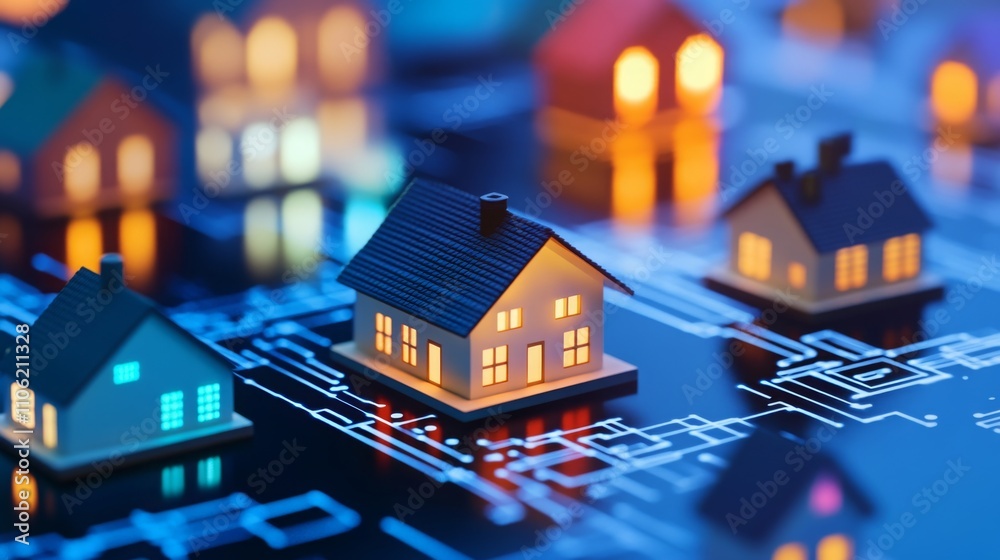 Leinwandbilder virtual houses illuminated on a digital circuit board represent the growing influence of artificial 