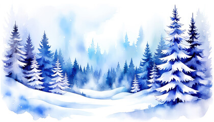 Coniferous trees painted in dark blue, surrounded by snowy expanses, watercolor painting