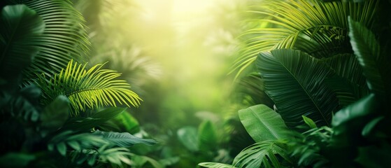 Lush green foliage in a tranquil, sunlit forest setting.