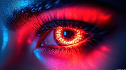 Close-up of a woman's eye with vibrant red and blue lighting.