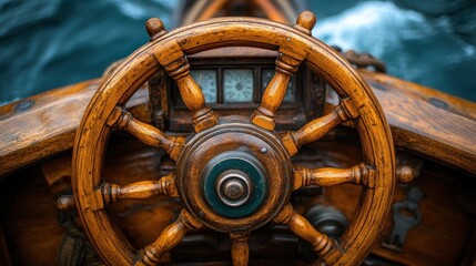 Close-up of antique wooden ship's wheel.