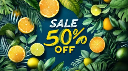 Sale 50% Off on Fresh Citrus Fruits Surrounded by Lush Greenery