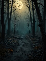 Fototapeta premium Halloween scene with a spooky forest and bare trees.