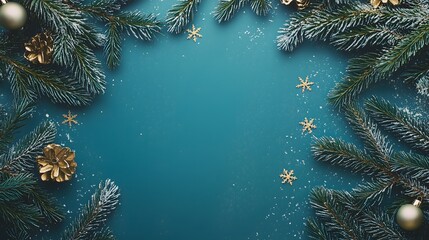 Golden Christmas Ornaments and Snowy Pine Branches