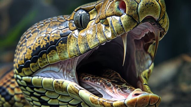 A large snake with its mouth open, revealing its sharp teeth and forked tongue