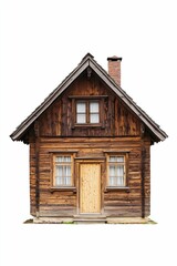 Rustic wooden house, small windows, brick chimney.