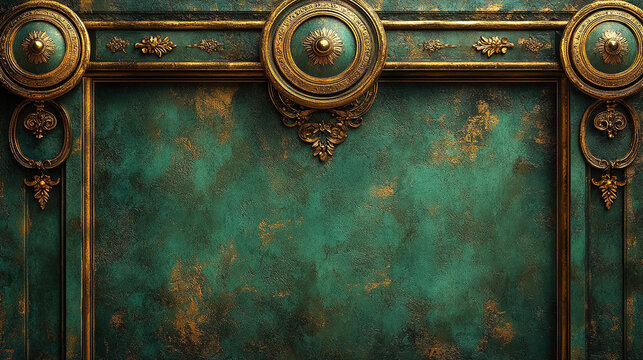 Detailed vintage wall with ornate golden accents and rich teal background in an elegant setting. Generative AI