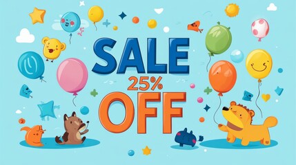 Fototapeta premium Sale 25% Off with Adorable Animals and Colorful Balloons in a Fun, Playful Atmosphere