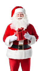Portrait of Happy Santa Claus holding gift isolated on white background	