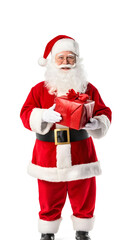Portrait of Happy Santa Claus holding gift isolated on white background	
