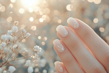 Elegant hand with manicured nails surrounded by soft flowers and shimmering light