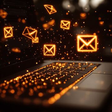 Laptop Screen Overflowing with Sparkling Email Symbols. A modern laptop glows with an abundance of orange/gold email symbols that seem to be bursting from the screen.