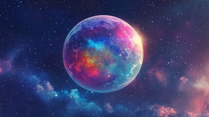 Vibrant Cosmic Landscape A Colorful Planet Amidst a Starry Universe