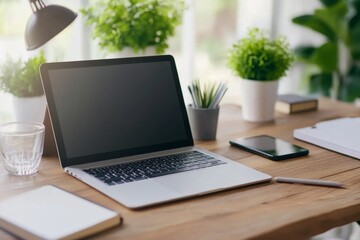 Desk setup featuring laptop, plants, and stationery in a modern workspace