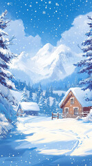 Illustration depicts an outdoor scene of snow-covered mountains, pine trees, and wooden houses in winter. 