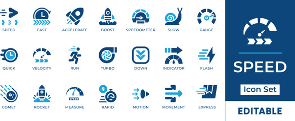 Speed Icon Set. Features speeding, measure, run, velocity, turbo, accelerate, productivity, comet, down, arrow, movement, express, quick, illustration, fast, set
