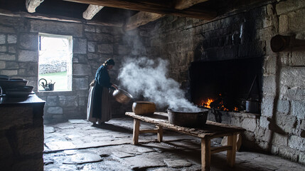 Traditional Rustic Kitchen with Historical Cooking Setup Featuring a Woman Preparing Food Over Open Fire in Stone Interior