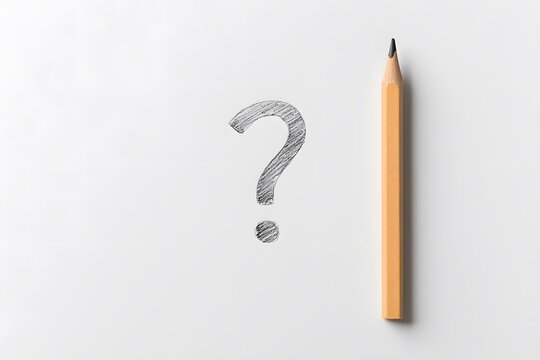 Close-up of a pencil-drawn question mark symbol, showcasing a hand-sketched design with textured lines, representing curiosity, inquiry, or problem-solving