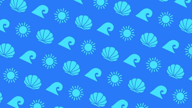 Patr&oacute;n animado de vacaciones de verano en la playa con iconos de olas, soles y conchas