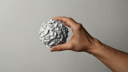 Hand holding a crumpled paper ball on a white background.