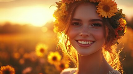 Fototapeta premium Young woman smiling with sunflower crown at sunset in a field
