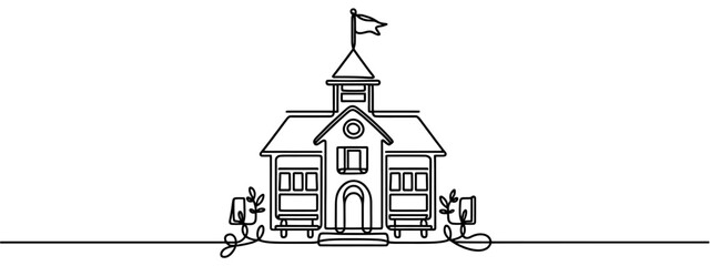 Continuous one line drawing elementary school building at the small city. Back to school hand drawn minimalism concept. Single line draw design for education vector graphic illustration.