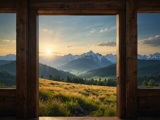 Hand opening a door to a nature-filled landscape with mountains.