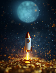 A small rocket taking off from a pile of gold coins, glitters, stock and crypto market bull run concept