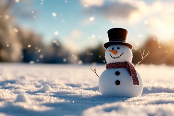 Fototapeta premium Charming Snowman in Winter Wonderland - Adorable snowman, winter scene, snow, hat, scarf, festive joy.