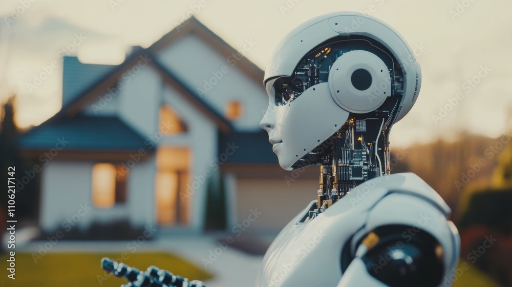 Poster a humanoid robot stands confidently in front of a contemporary home, showcasing the integration of a