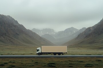 Obraz premium Advertising Banner on the Side of a White Truck, Set Against a Scenic Mountain Background Landscape, Highlighting Mobile Marketing in a Natural Setting