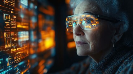 Elderly Interface. Senior woman with glasses analyzing futuristic digi